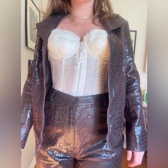 Y2K Vintage Faux Croc Skin Chocolate Brown Two Piece Pant Set - Picture 2 of 13